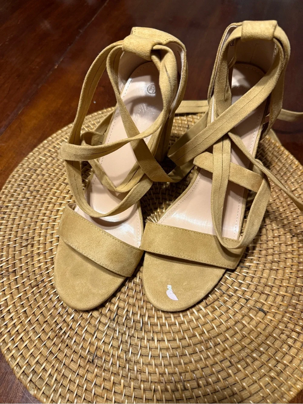 Suede Strappy Lace-Up‎ Sandals in Camel
